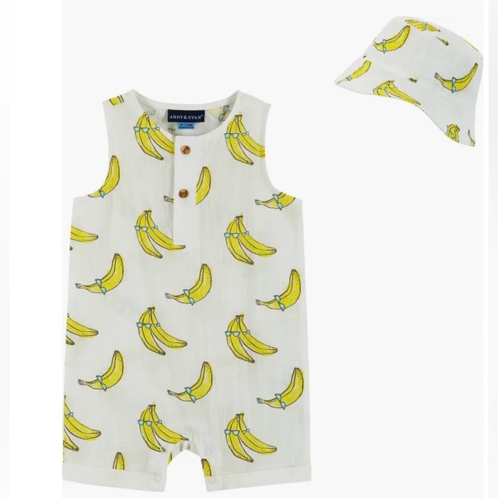 Andy & Evan Banana 🍌 Romper & Bucket Hat Set